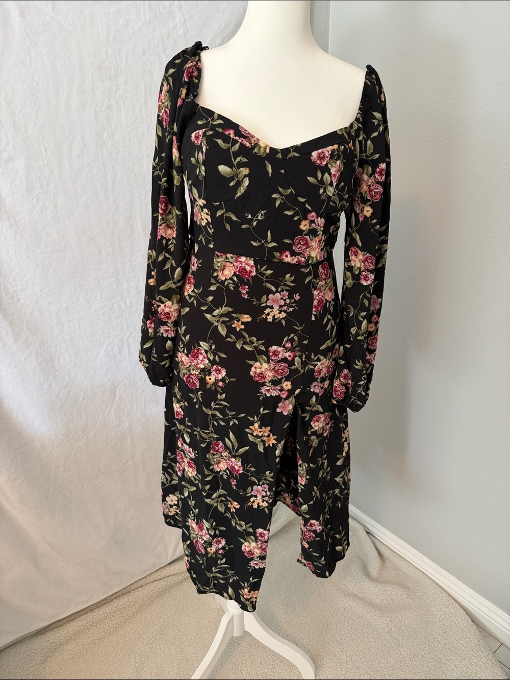 Forever 21 Black Floral Long-Sleeve Midi Dress with Pink Roses